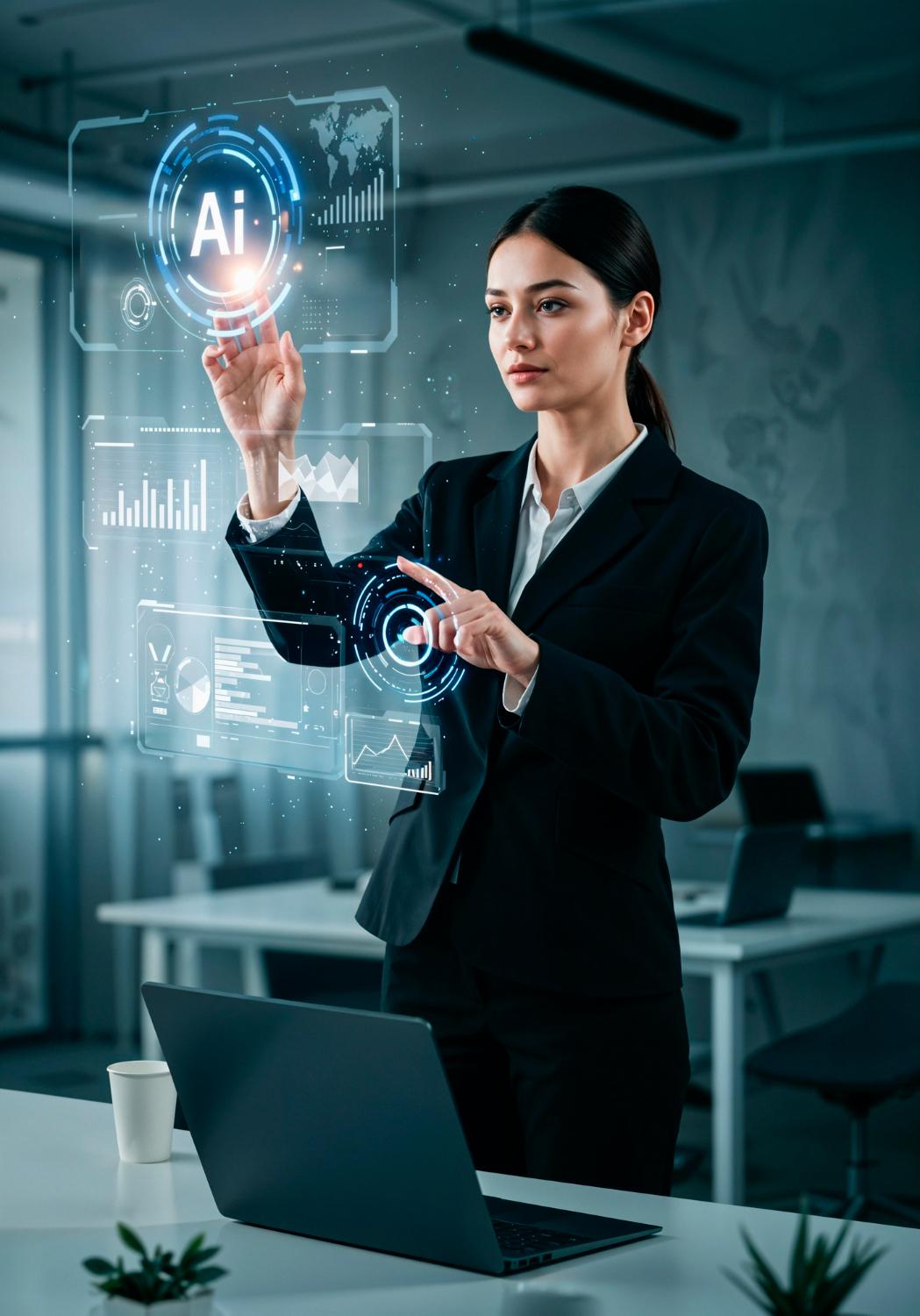 Businesswoman interacting with an AI holographic interface