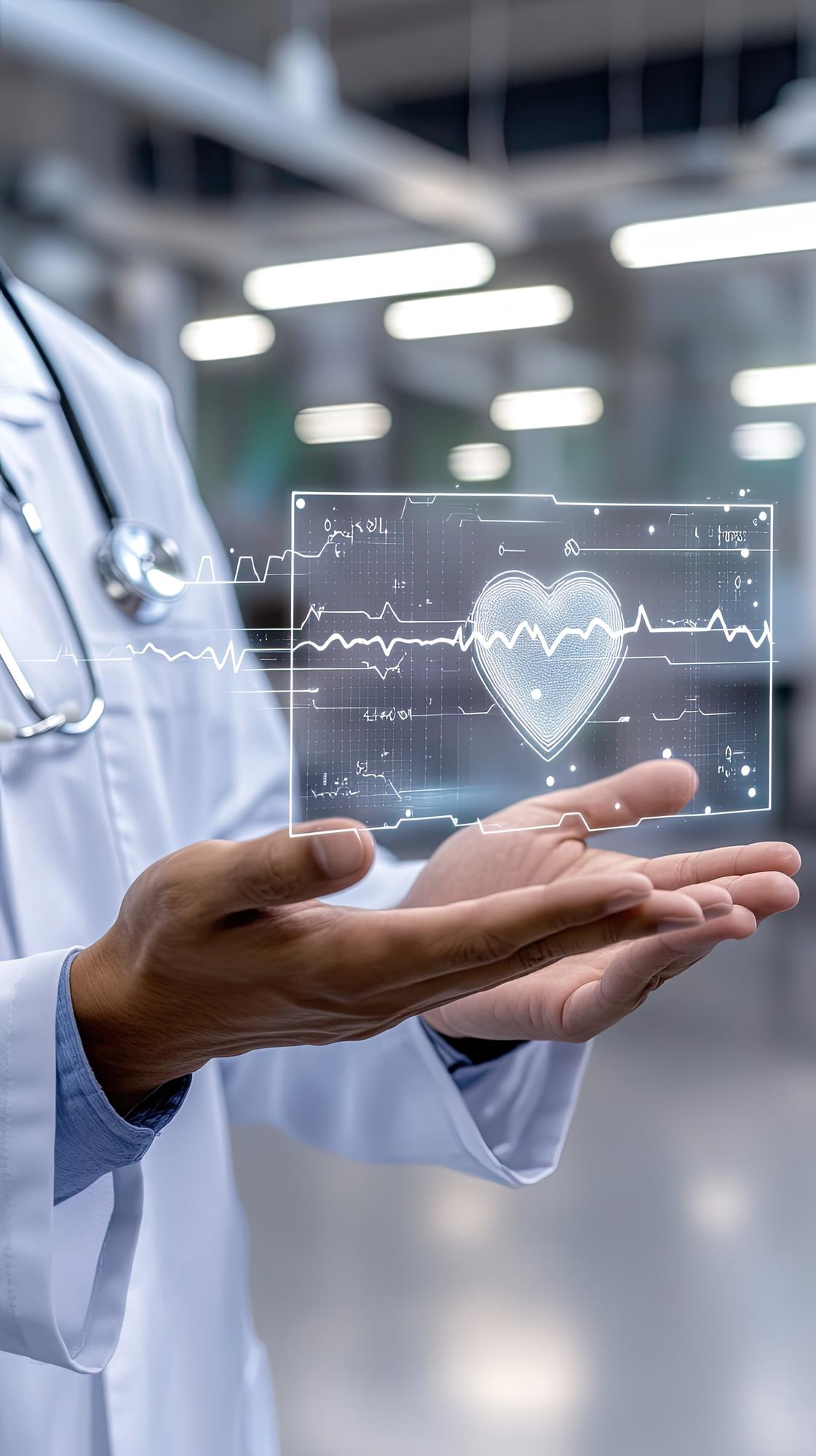 Doctor holding a holographic heart rate and vitals display