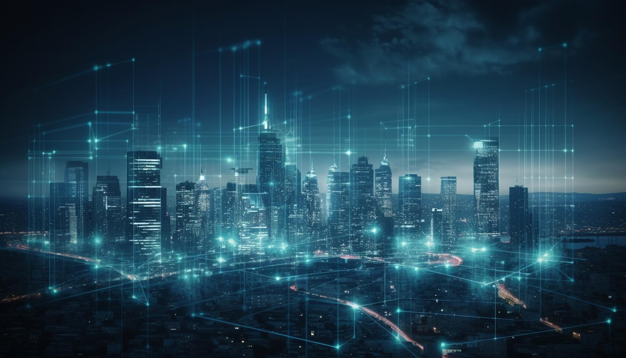 Illuminated city skyline overlaid with a glowing network connectivity grid